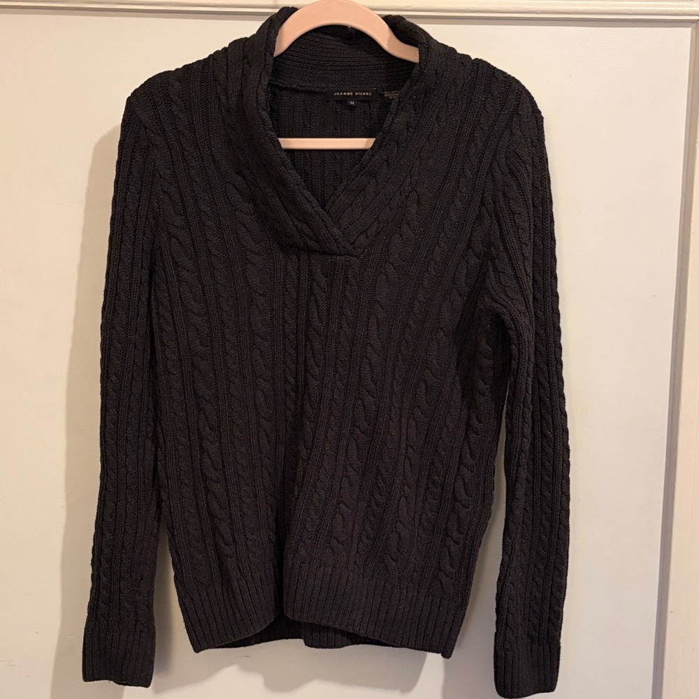 JEANNE PIERRE Charcoal Cable Knit Cowl Sweater